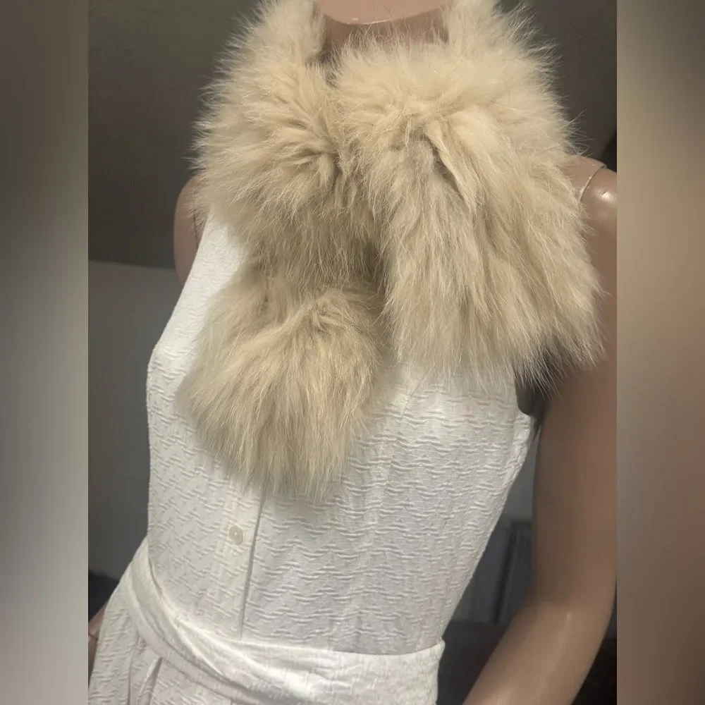 Real Fox Fur Scarf, Soft & Cozy Knitted Fox Fur Scarf, Beige Fox fur Collar